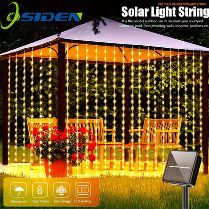 Solar Curtain String Lights, Outdoor Waterproof Fairy Garland with 8 Lighting Modes