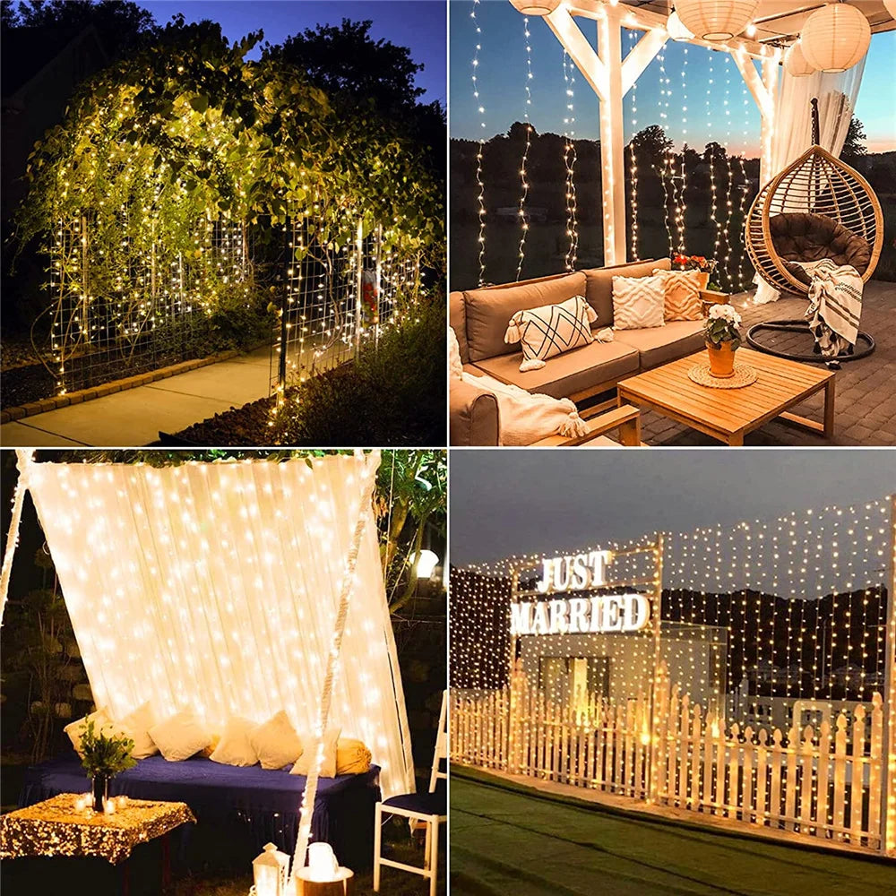 Solar Curtain String Lights, Outdoor Waterproof Fairy Garland with 8 Lighting Modes