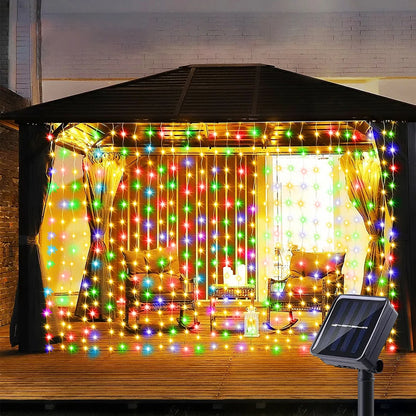 Solar Curtain String Lights, Outdoor Waterproof Fairy Garland with 8 Lighting Modes