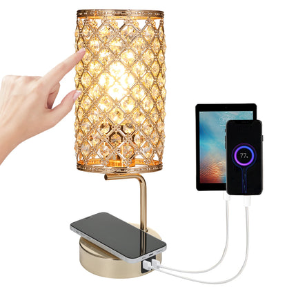 Bedside Lamp with 6W Bulb, Neoglint Crystal Table Lamp with Touch Control, Wireless Charger, Dual USB Ports, Dimmable Desk Light