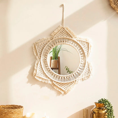 Boho Macrame Round Mirror – Aesthetic Wall Hanging for Bedroom, Living Room, and Home Décor