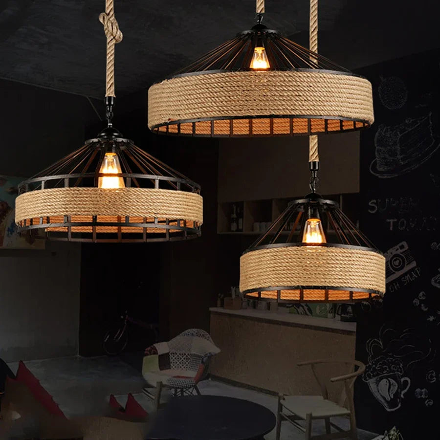 Classical Hemp Rope Pendant Hanging Lamp – Retro Industrial Ceiling Chandelier