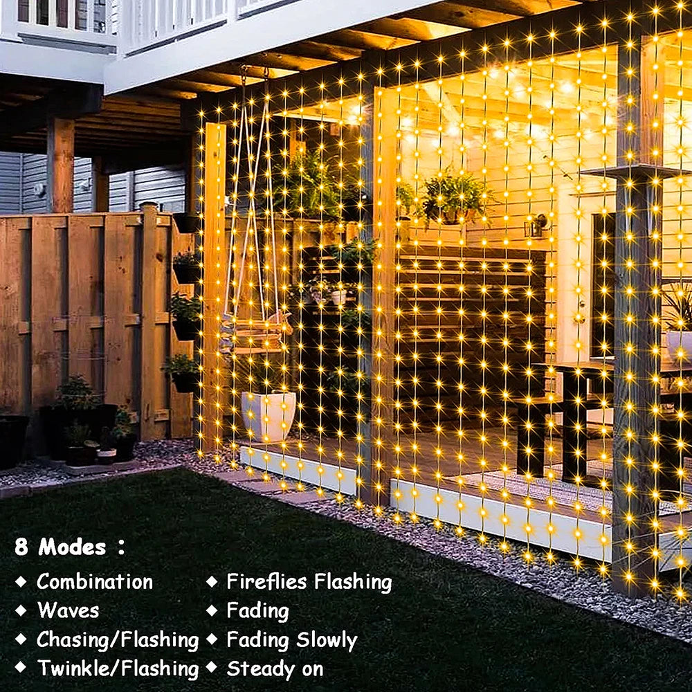 Solar Curtain String Lights, Outdoor Waterproof Fairy Garland with 8 Lighting Modes