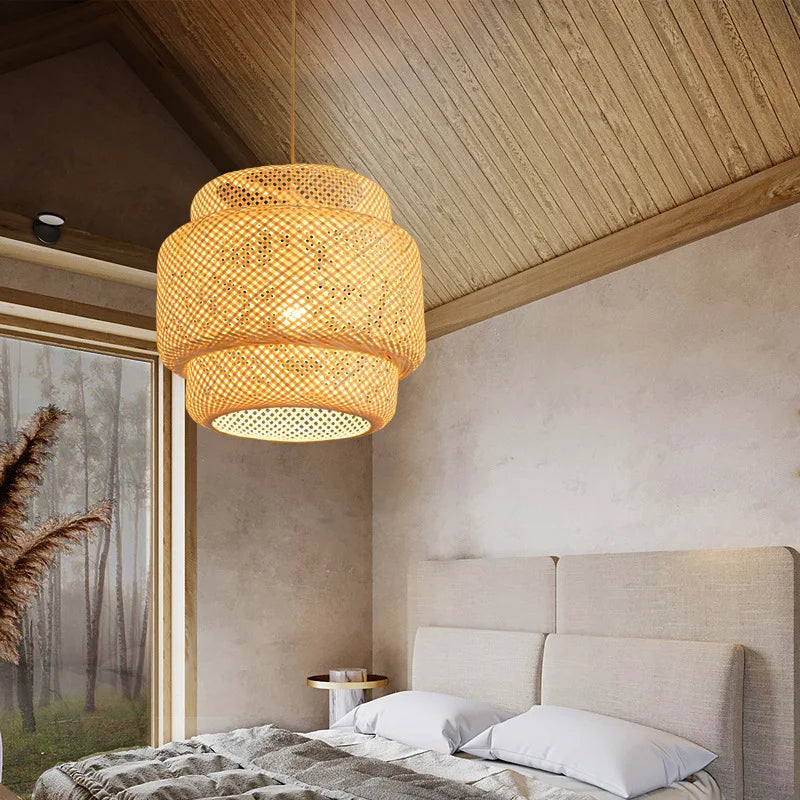 Handwoven Bamboo Lantern Pendant Light – Natural Rattan Wicker Chandelier