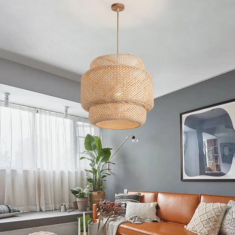 Handwoven Bamboo Lantern Pendant Light – Natural Rattan Wicker Chandelier