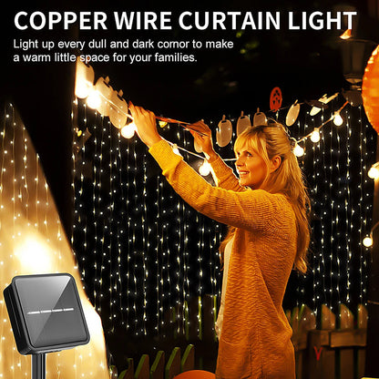 Solar Curtain String Lights, Outdoor Waterproof Fairy Garland with 8 Lighting Modes