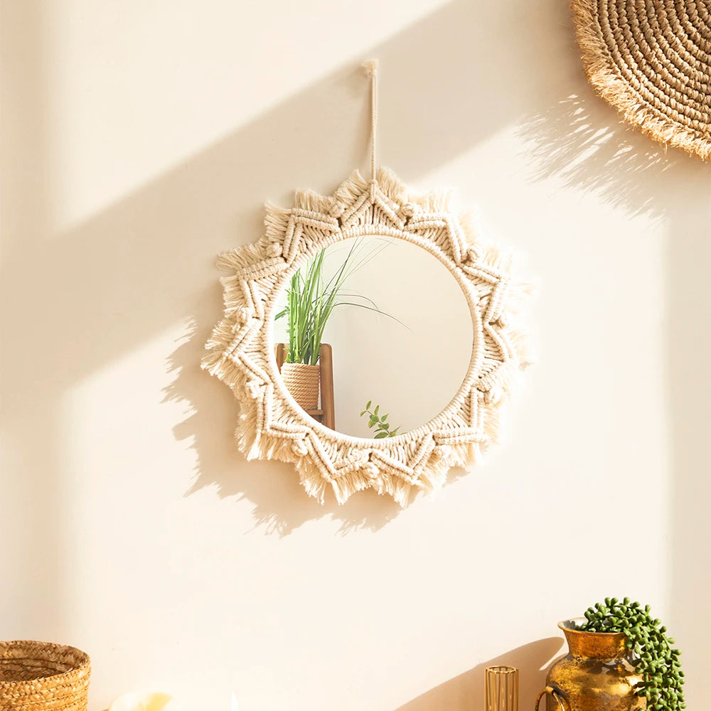 Boho Macrame Round Mirror – Aesthetic Wall Hanging for Bedroom, Living Room, and Home Décor