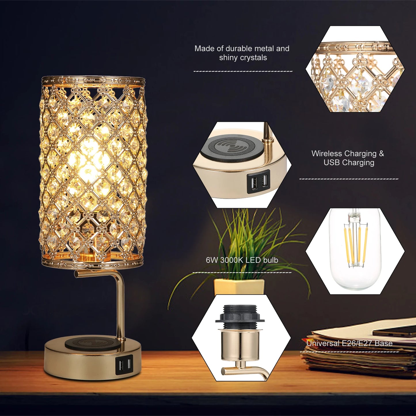 Bedside Lamp with 6W Bulb, Neoglint Crystal Table Lamp with Touch Control, Wireless Charger, Dual USB Ports, Dimmable Desk Light