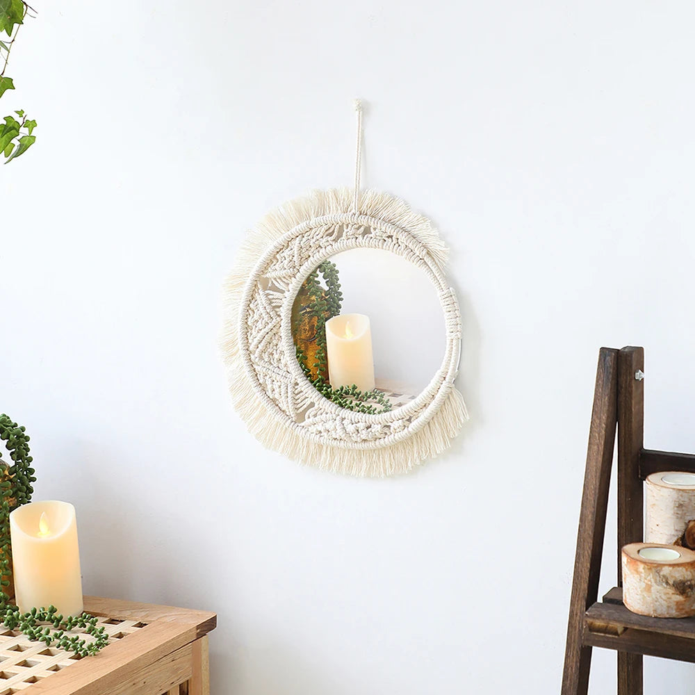 Boho Macrame Round Mirror – Aesthetic Wall Hanging for Bedroom, Living Room, and Home Décor