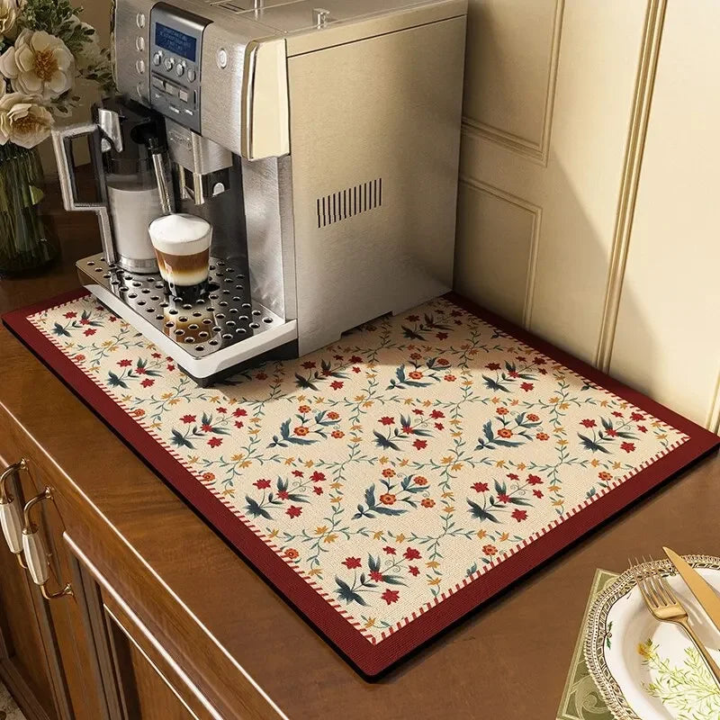 Classical Floral Diatomaceous Earth Coffee Machine Mat – Stylish & Practical