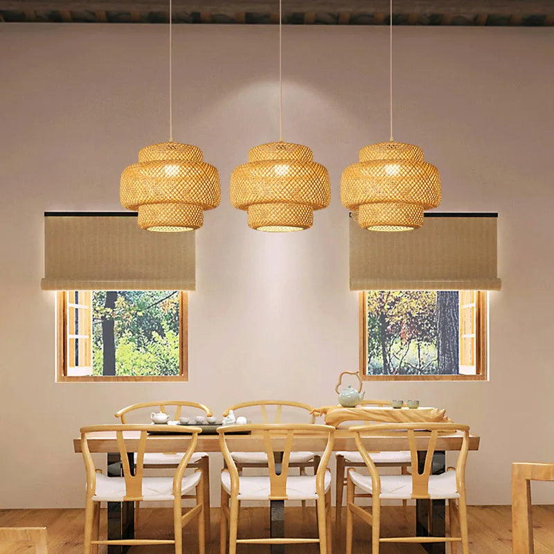 Handwoven Bamboo Lantern Pendant Light – Natural Rattan Wicker Chandelier