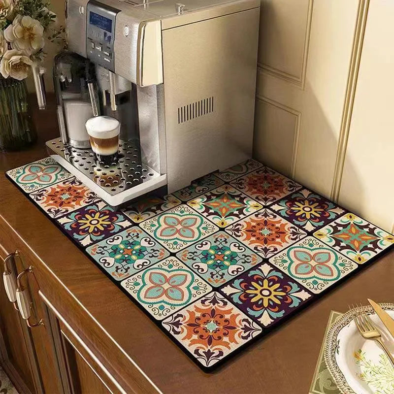 Classical Floral Diatomaceous Earth Coffee Machine Mat – Stylish & Practical