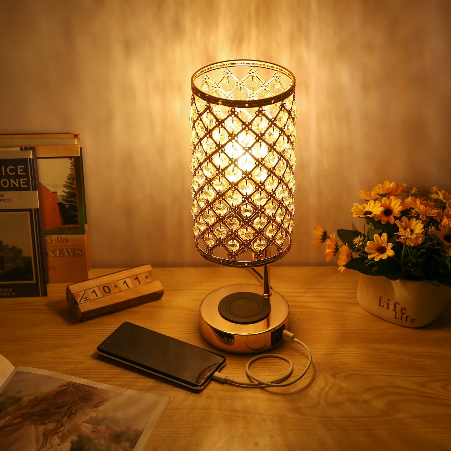 Bedside Lamp with 6W Bulb, Neoglint Crystal Table Lamp with Touch Control, Wireless Charger, Dual USB Ports, Dimmable Desk Light