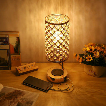 Bedside Lamp with 6W Bulb, Neoglint Crystal Table Lamp with Touch Control, Wireless Charger, Dual USB Ports, Dimmable Desk Light